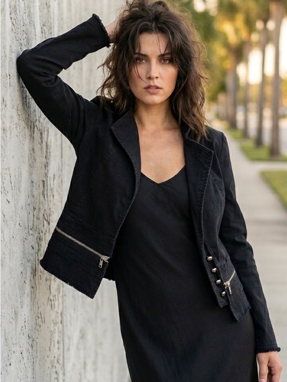 Robert Rodriguez Black Raw Edge Denim Jacket Double Zip Waist Sz 12 Distressed